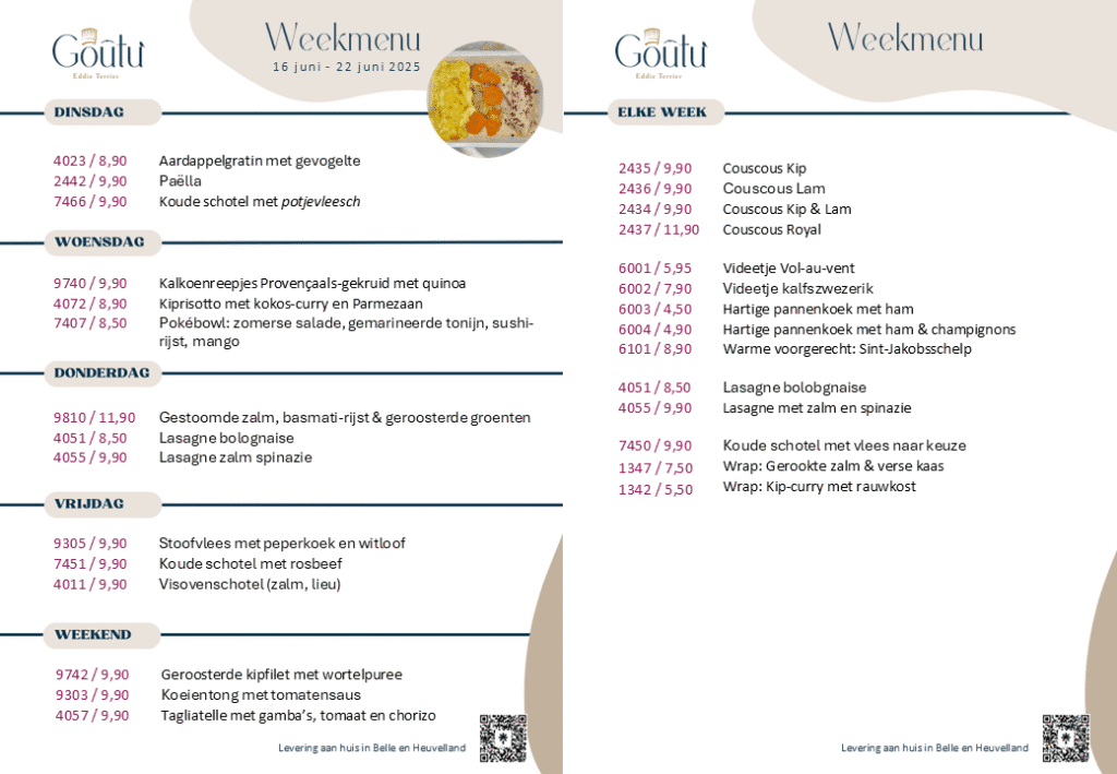 Weekmenu 16 - 22 juni 2025