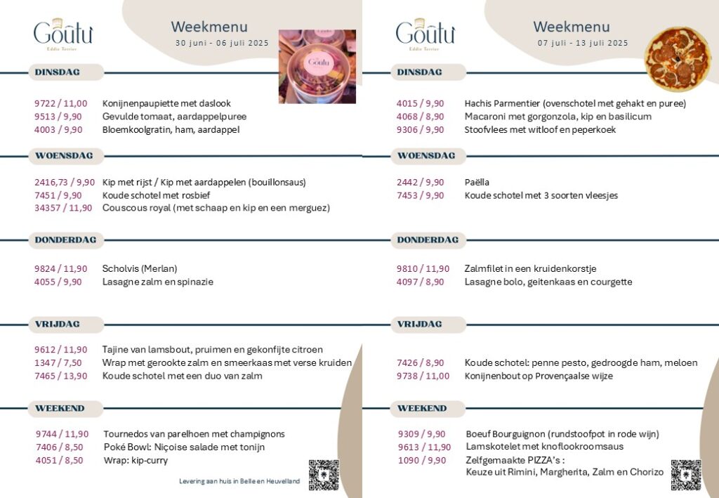 weekmenu Goûtu van 30 juni tot 13 juli 2025